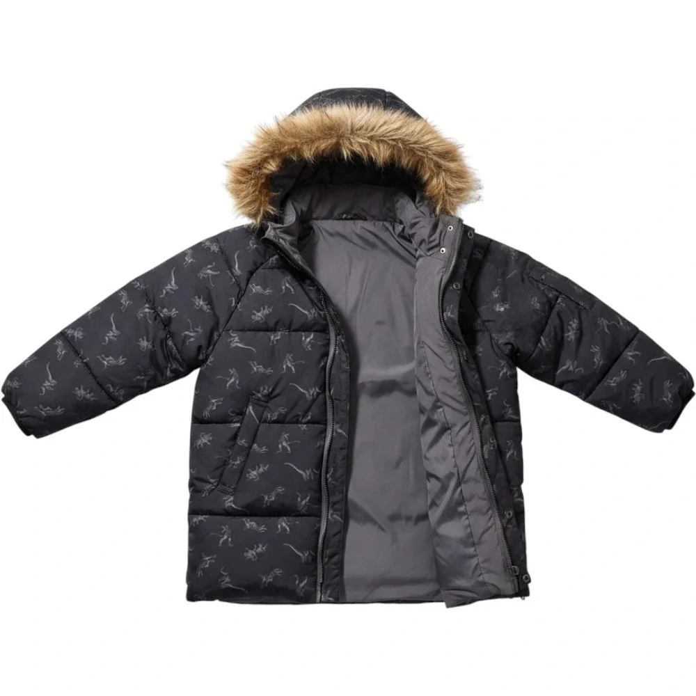 Dex Outerwear Kids Dinosaur Print Puffer Coat Faux Fur Hood Black Sz 4 Reversibe